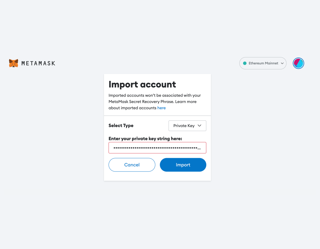 metamask manual import account page